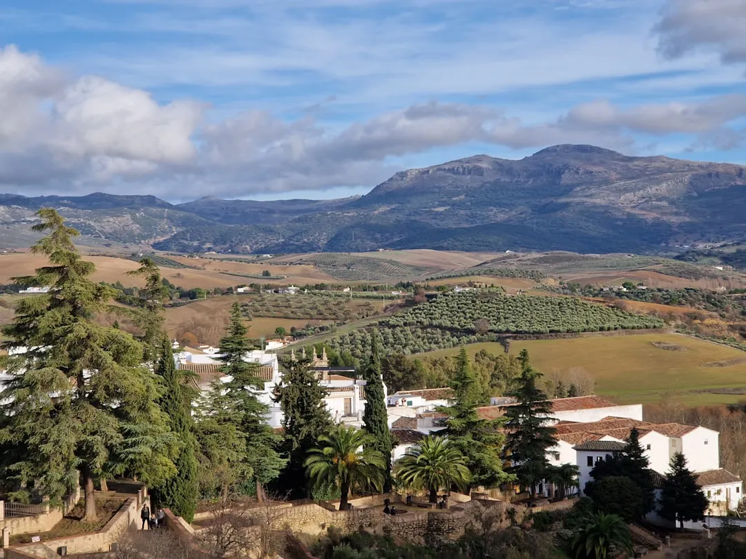 Rural landscape with white buildings